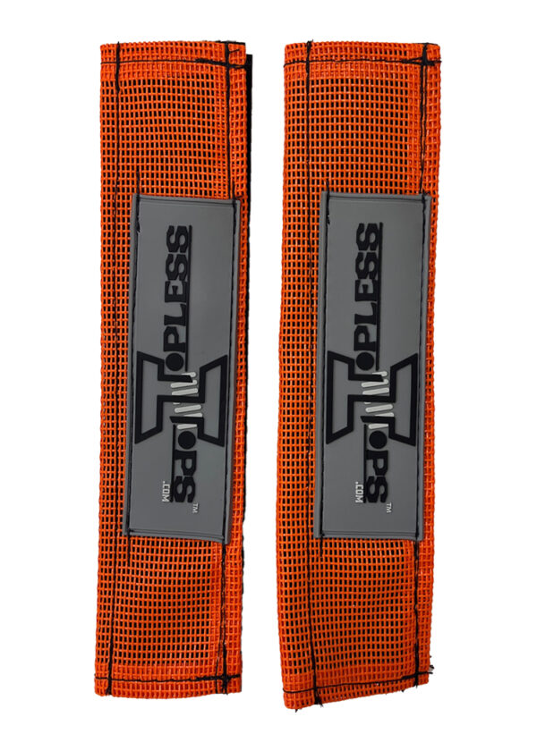 A pair of orange and grey straps with a gray logo.