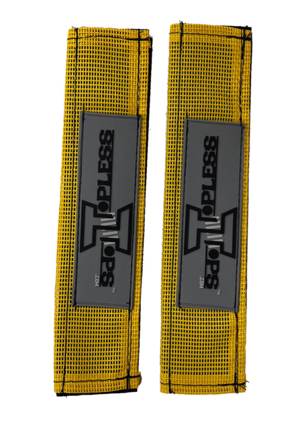 A pair of yellow straps with black and grey letters.