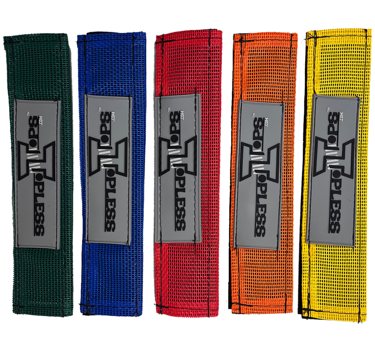 A group of five different colored straps with the logo for the temple.