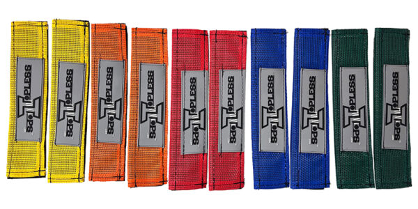 A set of six pairs of colored wrist straps.