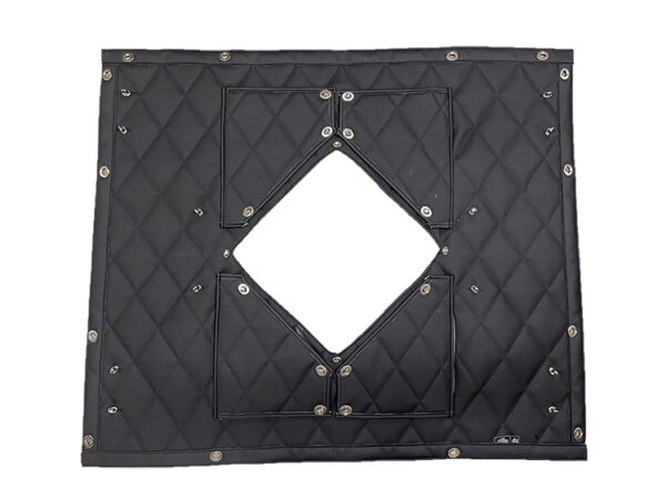 A black tarp with metal grommets and a diamond pattern.