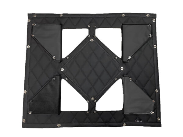 A black tarp with metal grommets and four squares.