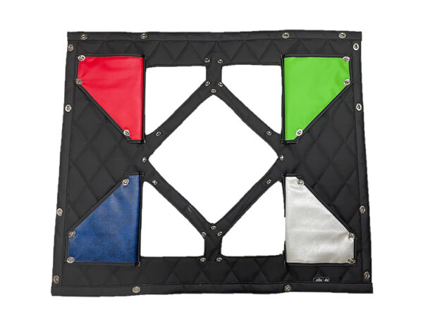 A black and white picture of some colored squares.