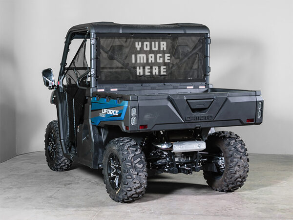 Utility terrain vehicle with UTV/Side by Side Rear Dust Screen-CUSTOM IMAGE displayed on the rear cargo bed.