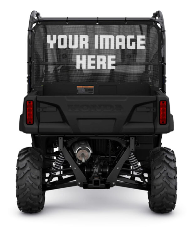 Rear view of a UTV/Side by Side with customizable mesh panel displaying the text "your image here.