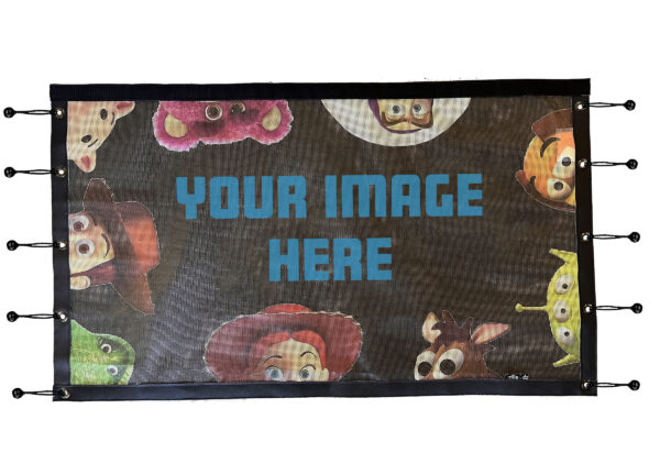 Customizable UTV/Side by Side Rear Dust Screen-CUSTOM IMAGE featuring cartoon characters with placeholder text "your image here".