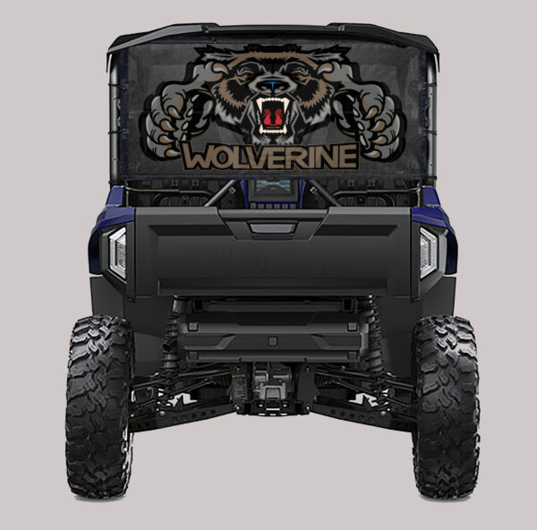 Customized off-road vehicle with UTV/Side by Side Rear Dust Screen-CUSTOM IMAGE graphic on the hood.