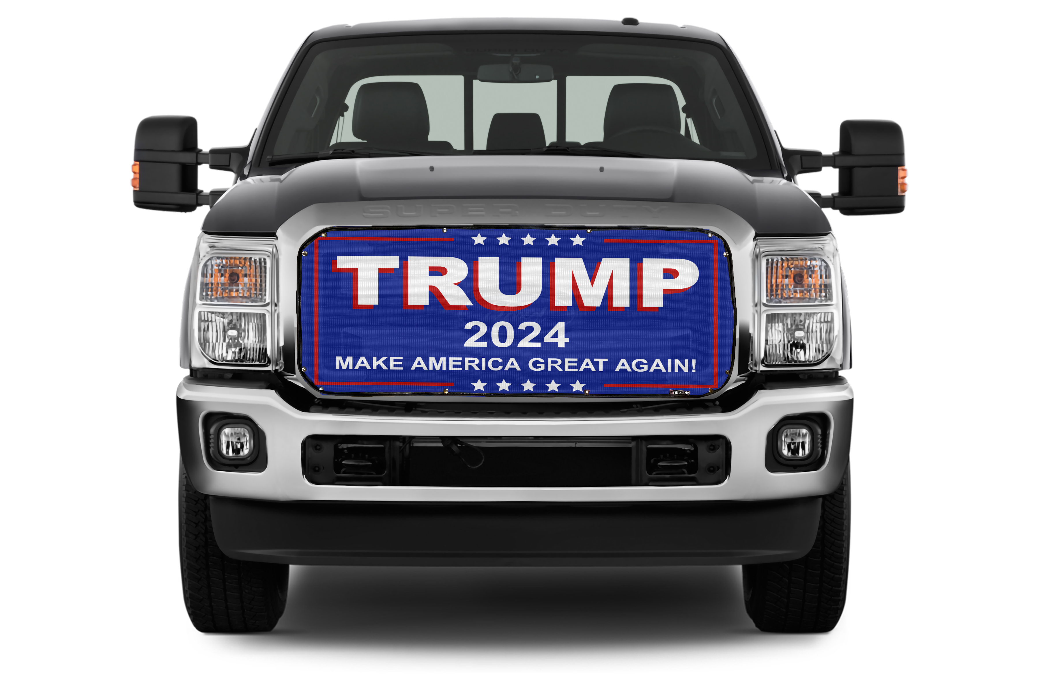 A pickup truck with a Trump 2024- Pickup/Suv/Van Mesh Bug Screen campaign sign on the front grill.
