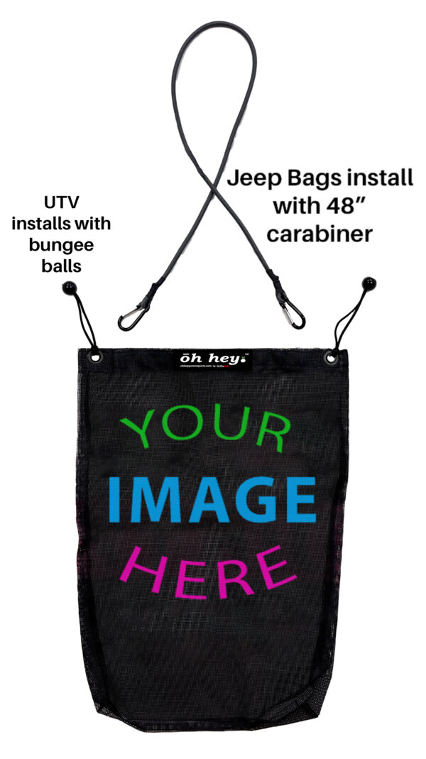 Black mesh storage bag with colorful text "your image here," featuring a lanyard and carabiner for attachment, labeled for jeep and utv installation.
