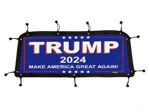 A UTV/Side by Side Rear Dust Screen-Trump 2024 with the slogan "make america great again!".