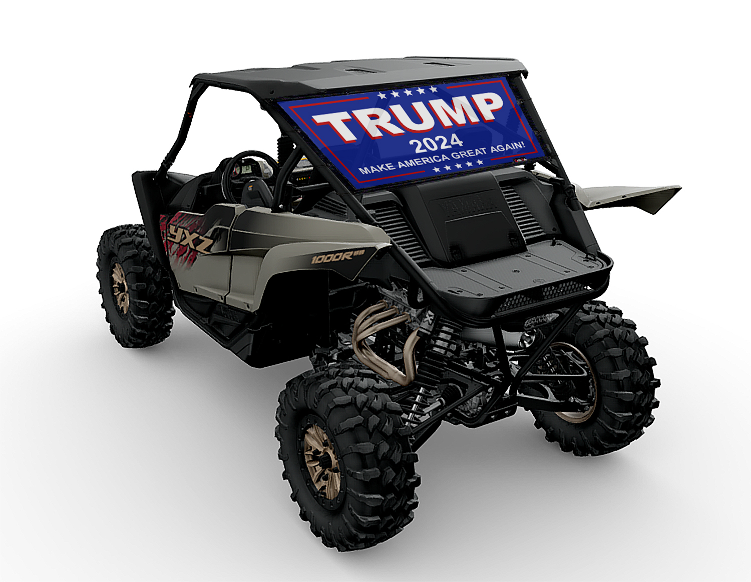 Side-by-side off-road vehicle with UTV/Side by Side Rear Dust Screen-Trump 2024 campaign sign on top.
